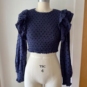 ZARA Polka Dot Smocked Ruffle Crop Top-Long Balloon Sleeve-Boho Festival-Blue